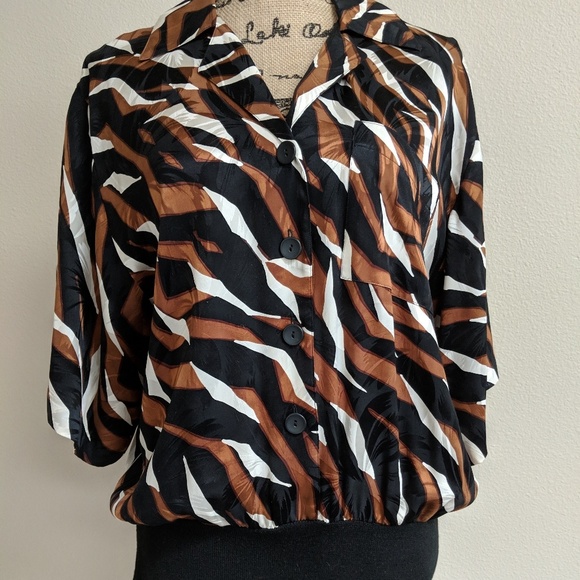 Blouse 💯 percent silk Top brown black white - Picture 4 of 7